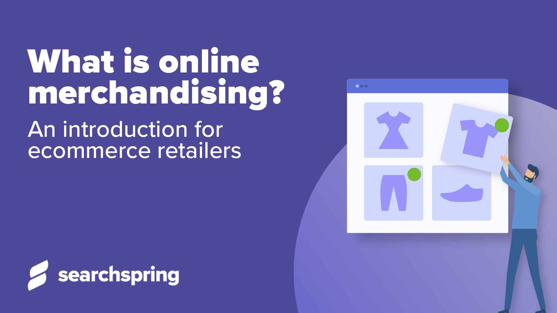 Text: what is online merchandising?; Athos Commerce logo; Product icons (shits and pants) on blue background