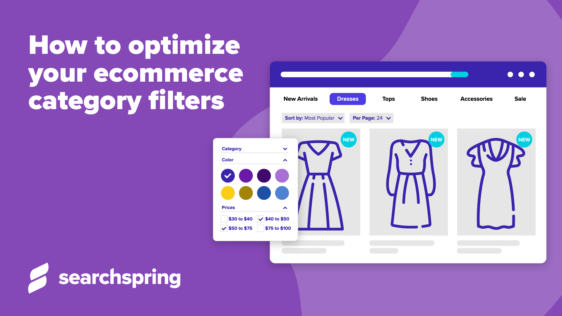 Text on purple background with Athos Commerce logo and dresses on category filters: How to Optimize Your Ecommerce Category Filters