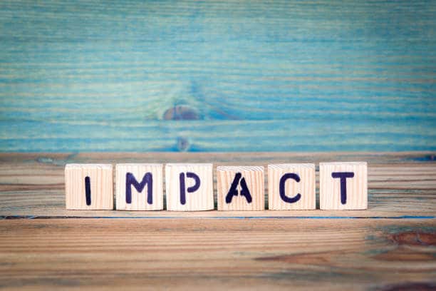 impact - name from wooden letters. Office desk, informative and communication background