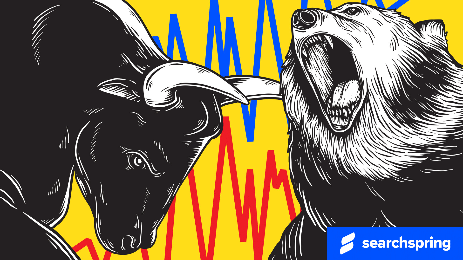 bull and bear on yellow background with searchspring logo
