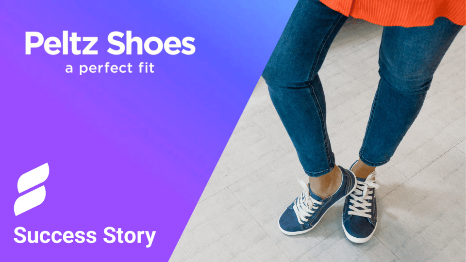 Peltz Shoes a perfect fit (text); woman trying on blue canvas shoes; athos commerce logo; success story (text) on gradient purple background