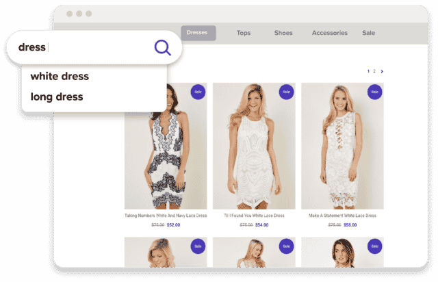 Starting to type "dress" in searchbar and it fills in for user halfway throuhg; images of dresses 
