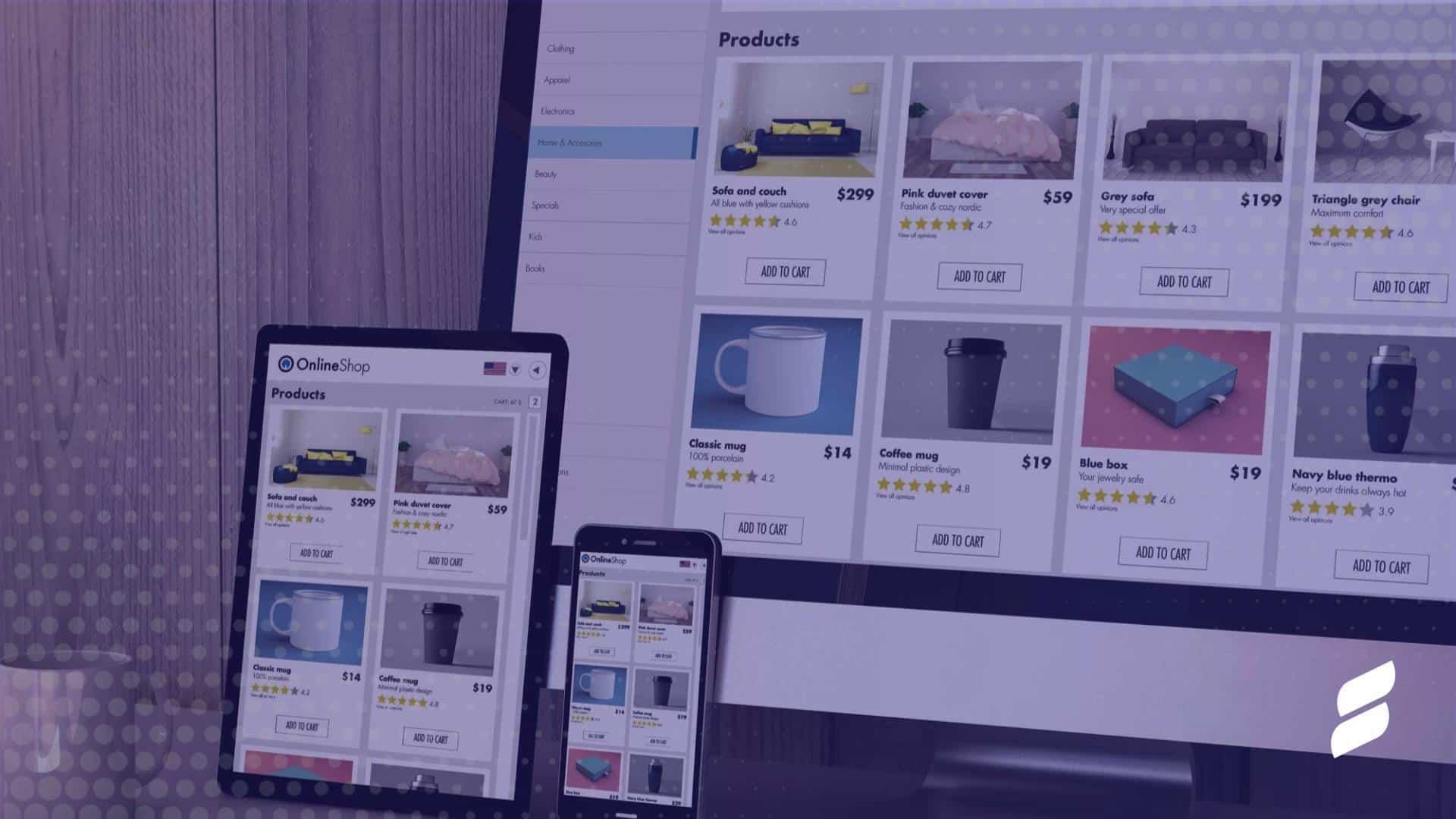 computer screen, tablet screen, mobile phone screen to show ecommerce platforms on various screens.