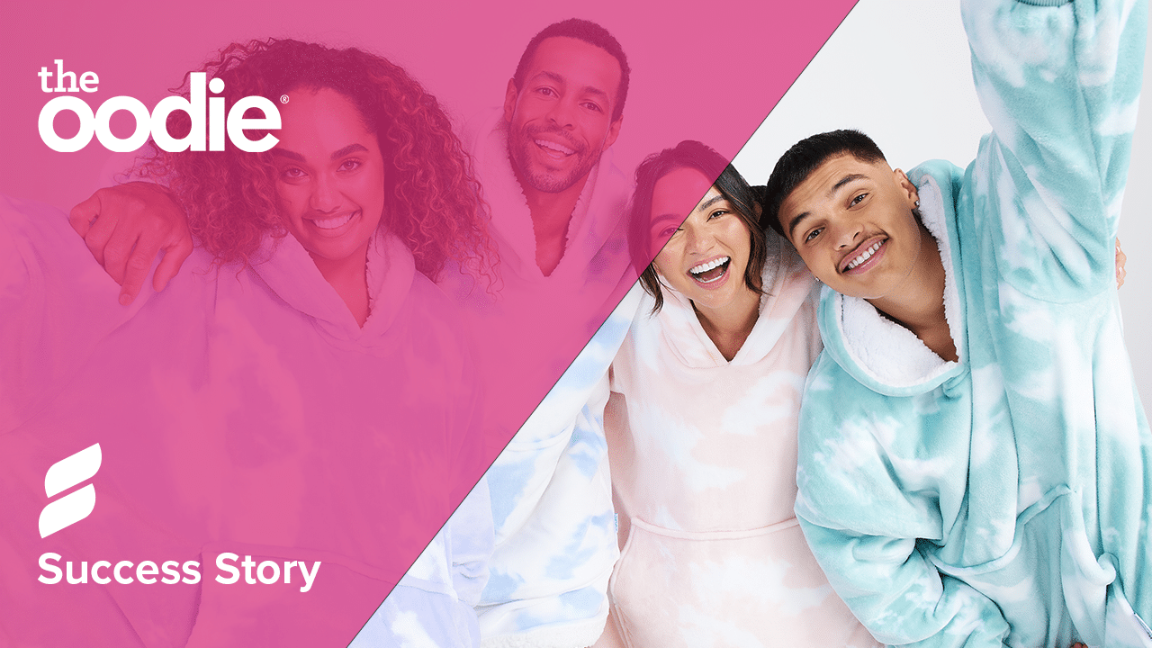 the oodie logo seachspring logo Success story 4 adults in onsies with pink gradient overlay