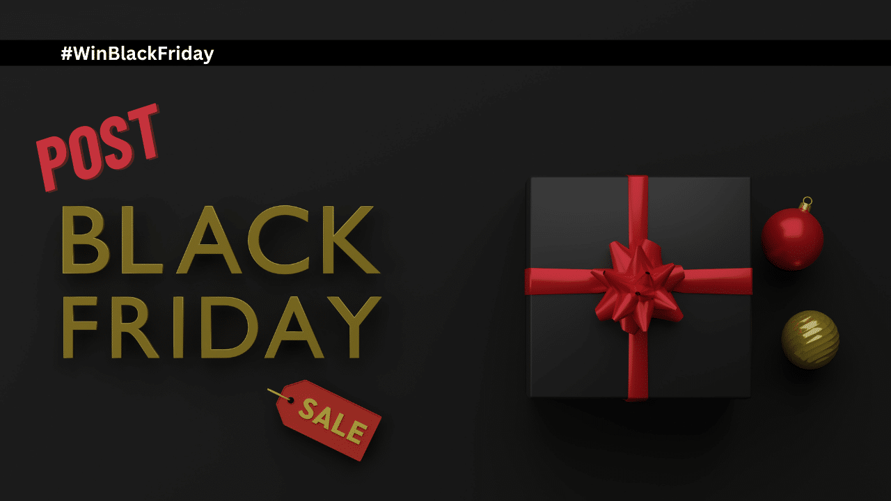 #winblackfriday post black friday sales gift in black wrapping paper with red bow red ornament gold ornament